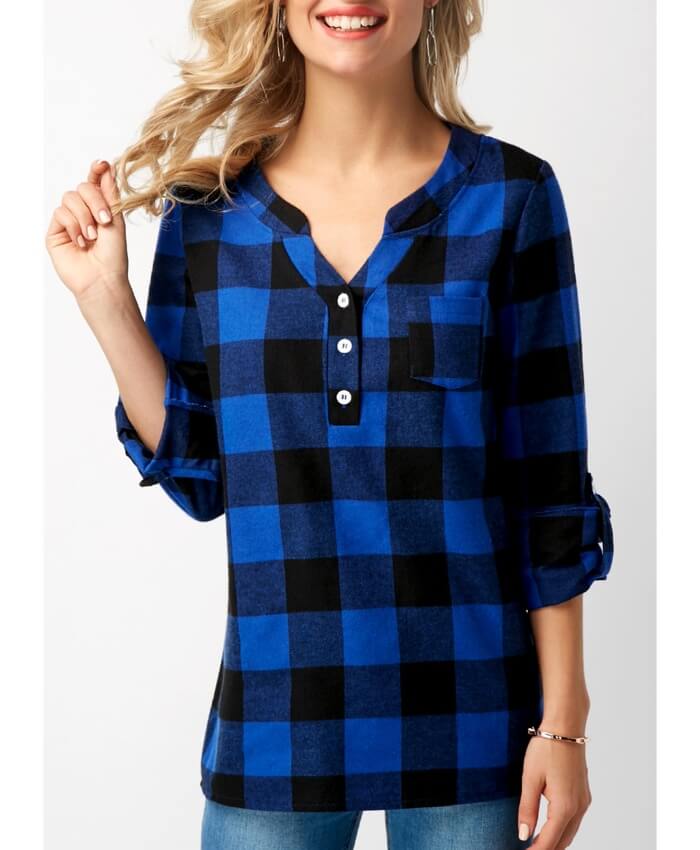 Roll Tab Sleeve Split Neck Plaid Blue Blouse